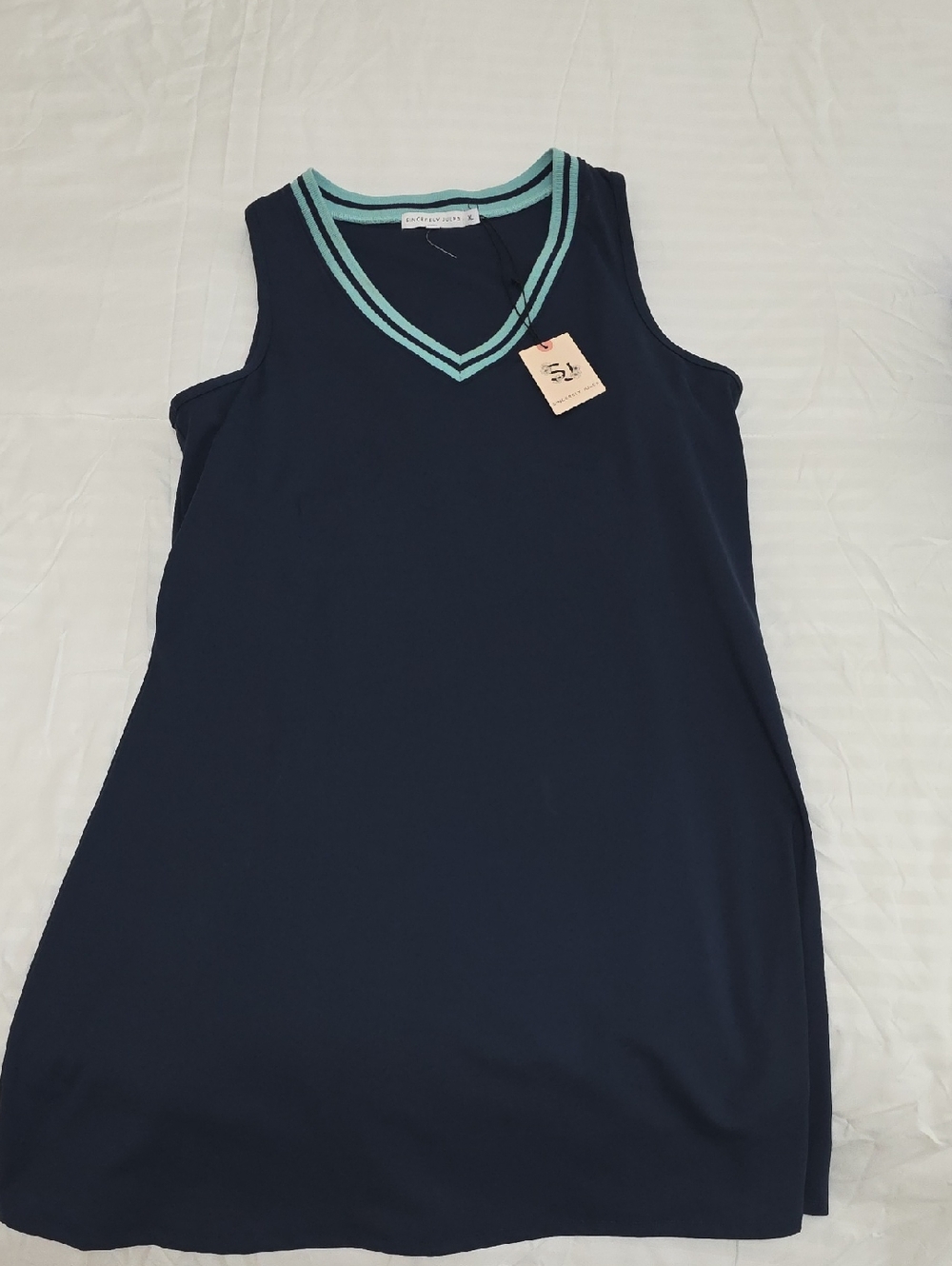 Sincerely Jules Navy Sleeveless Golf V-Neck Dress with Mint Trim